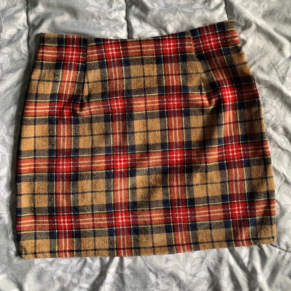 Zip Side Plaid Cord Skirt